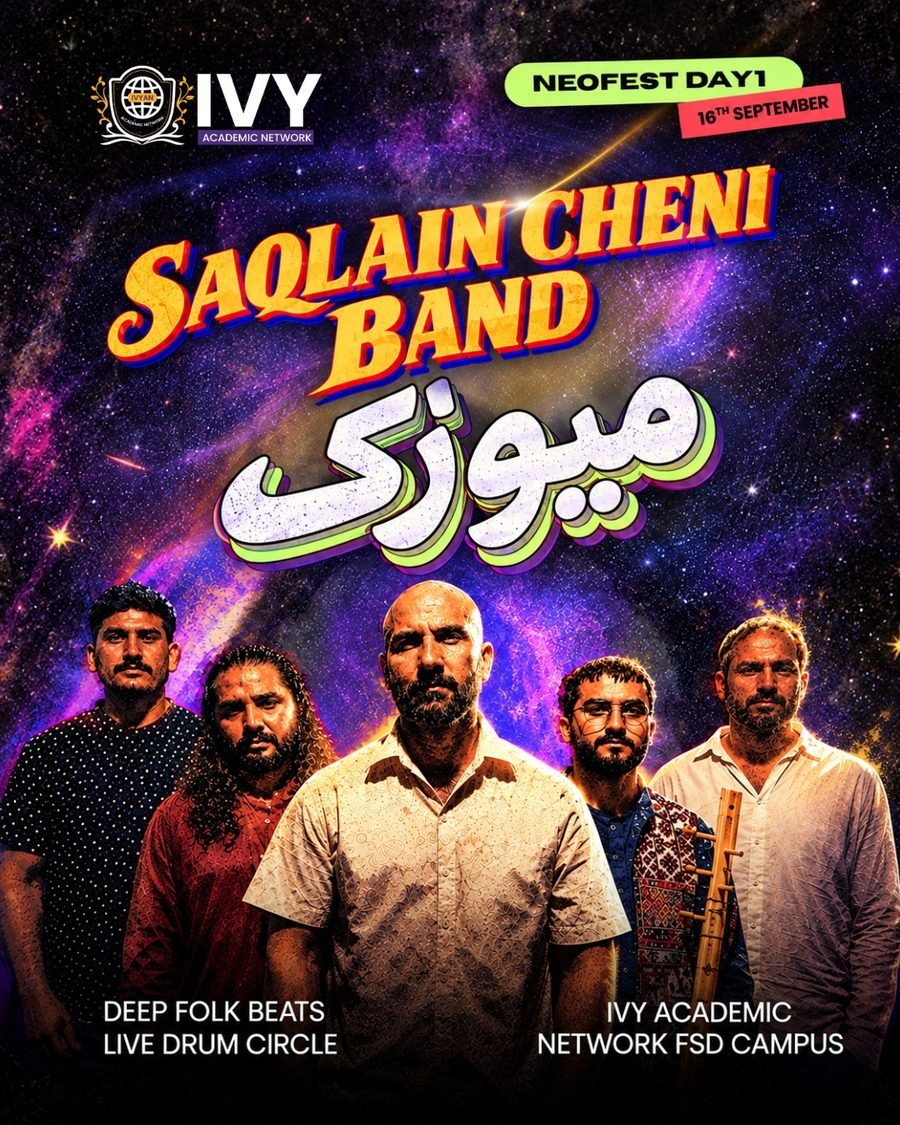NEOFEST Day 1 poster: Saqlain Cheni Band, Music. Deep folk beats, live drum circle, IVY Academic Network FSD Campus, 16th September.