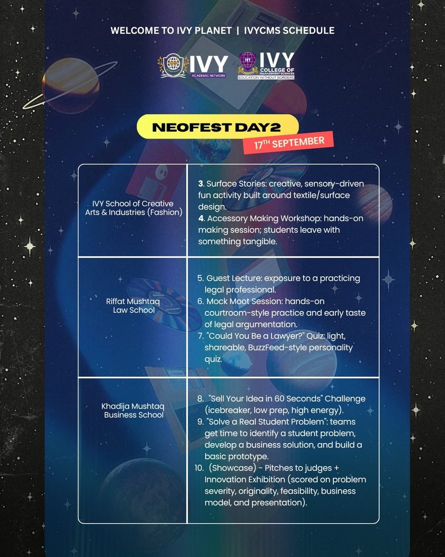 IVYCMS schedule poster: Day 2 activities for the Fashion, Law and Business schools.